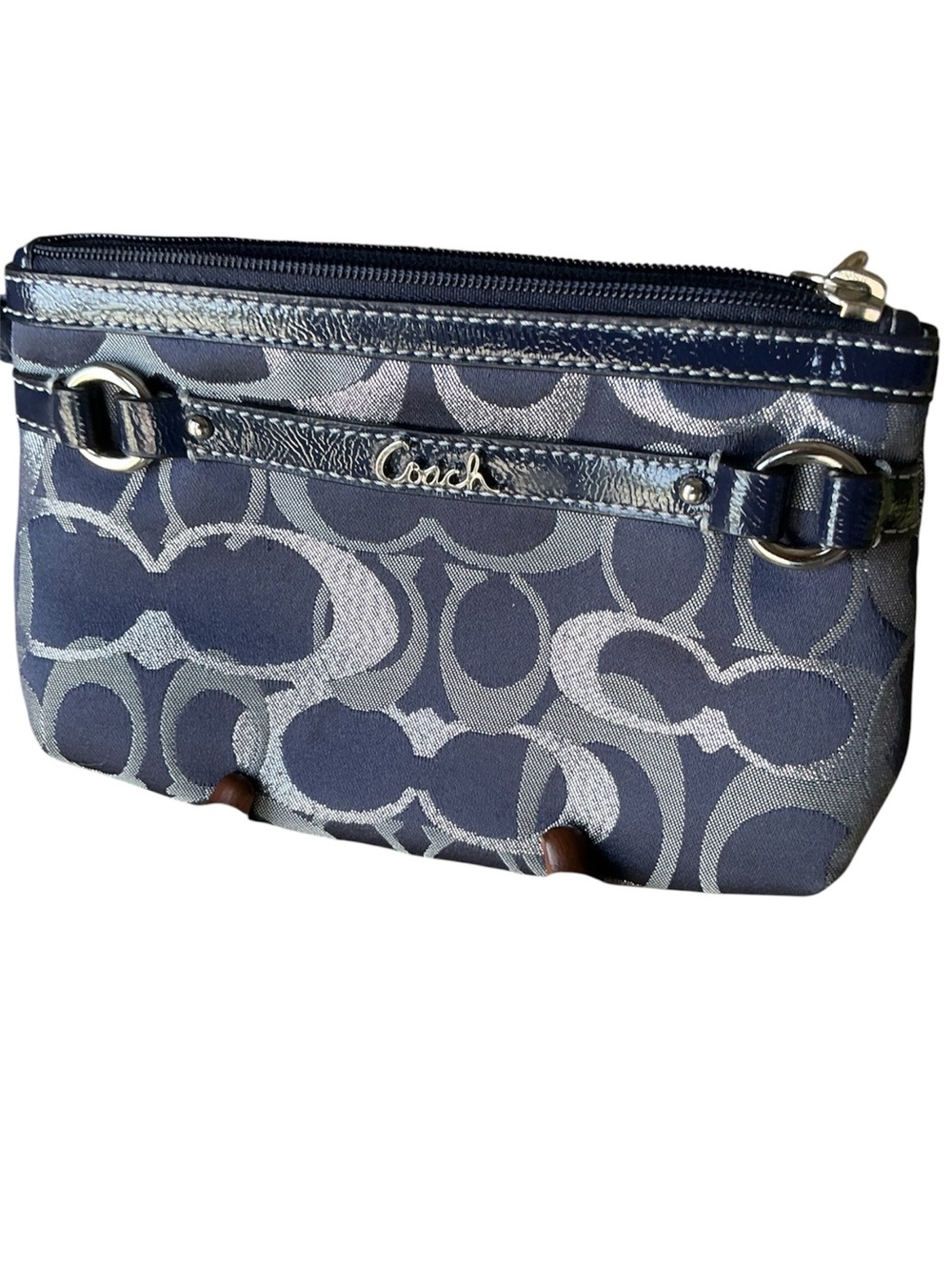 Coach Metallic Navy Signature Jacquard Wristlet Silver Trim Zip Clutch EUC